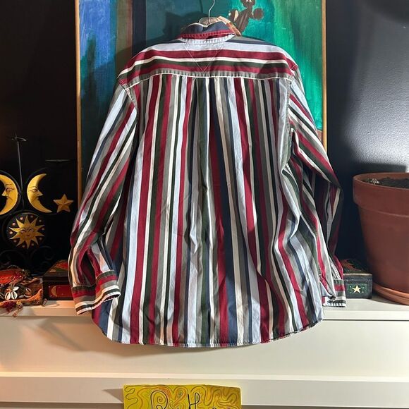 Vintage Y2K Tommy Hilfiger Red and Blue Striped Men's Shirt XL - Picture 15 of 16